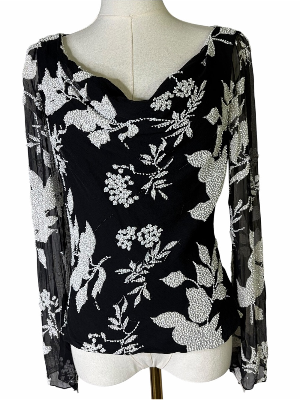 Carmen Marc Valvo 100% silk Black Beaded Floral Cowl Neck Shirt Blouse